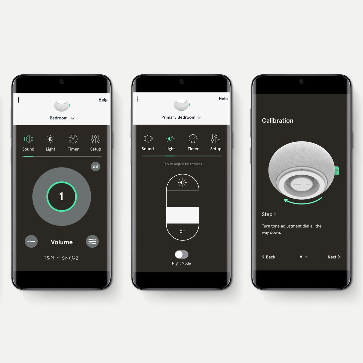 3 phones showing different screens of the Tuft and Needle White Noise Machine app